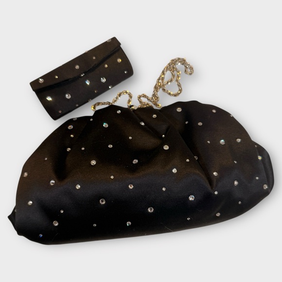 Franchi Black Satin Crystal Evening Bag with Chain & Matching Lipstick Case - Picture 2 of 16